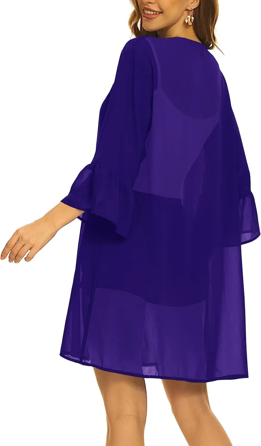 Indian Trendy Women's Solid Ruffle Sleeve Kimono Long Cardigan Loose Cover Up Casual Blouse Top Chiffon, Small-Medium