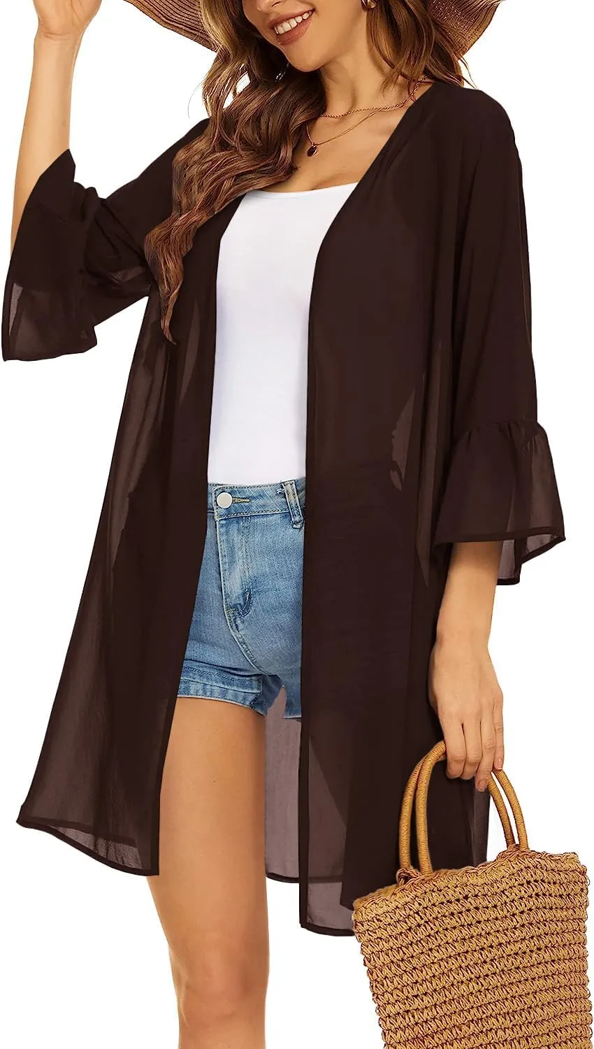 Indian Trendy Women's Solid Ruffle Sleeve Kimono Long Cardigan Loose Cover Up Casual Blouse Top Chiffon, Small-Medium