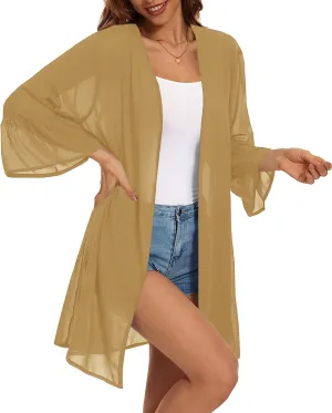 Indian Trendy Women's Solid Ruffle Sleeve Kimono Long Cardigan Loose Cover Up Casual Blouse Top Chiffon, Small-Medium