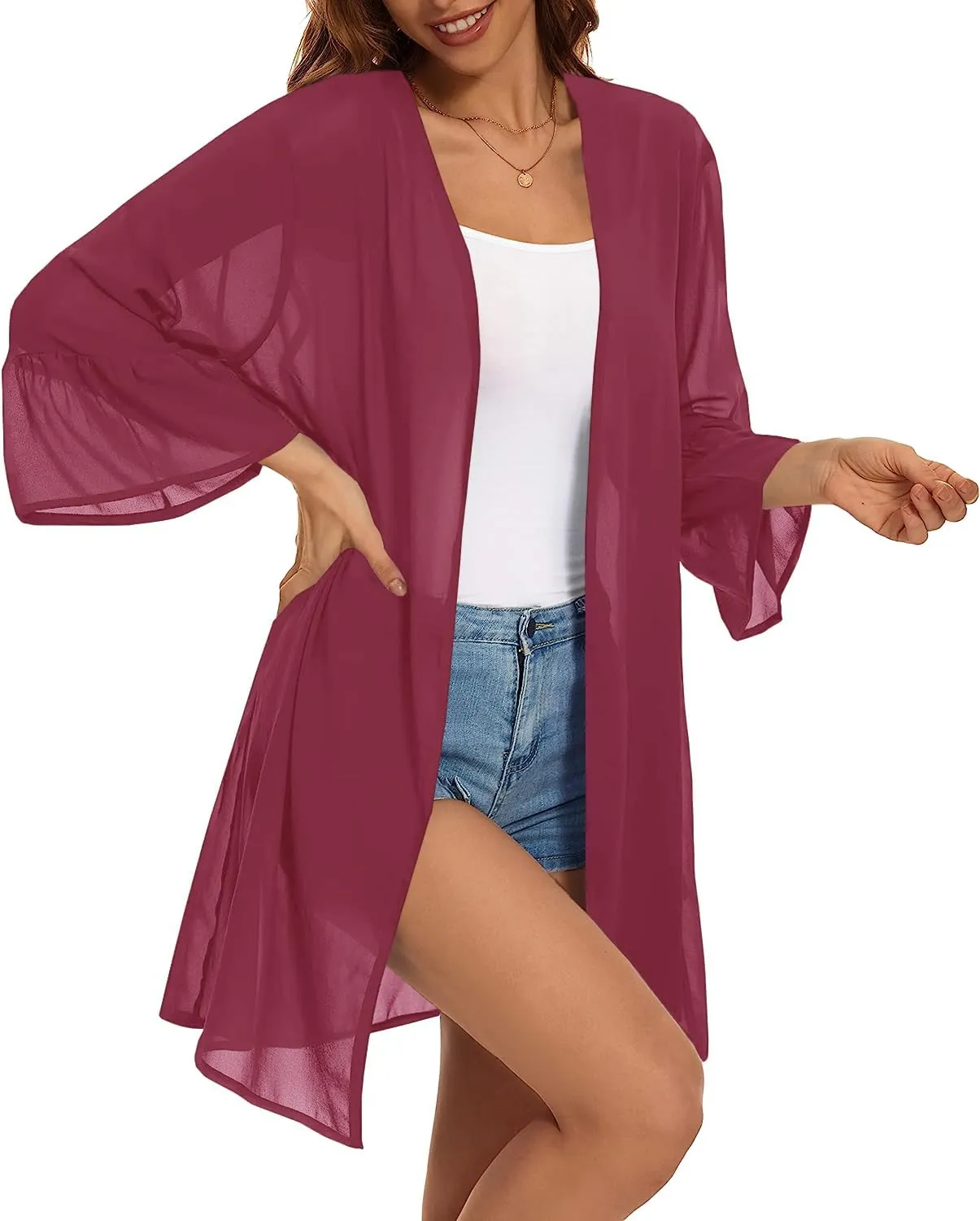 Indian Trendy Women's Solid Ruffle Sleeve Kimono Long Cardigan Loose Cover Up Casual Blouse Top Chiffon, Small-Medium