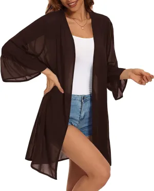 Indian Trendy Women's Solid Ruffle Sleeve Kimono Long Cardigan Loose Cover Up Casual Blouse Top Chiffon, Small-Medium