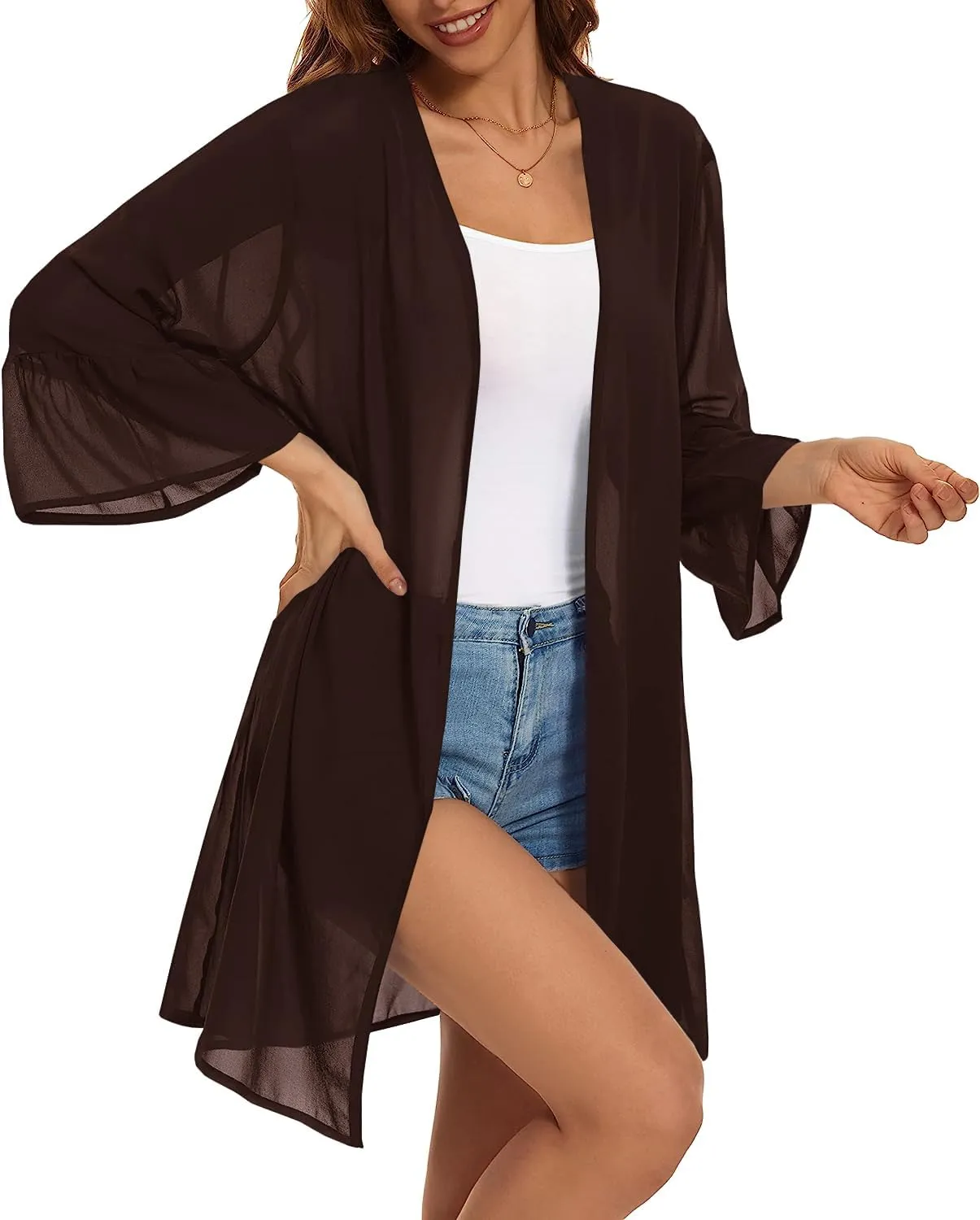 Indian Trendy Women's Solid Ruffle Sleeve Kimono Long Cardigan Loose Cover Up Casual Blouse Top Chiffon, Small-Medium