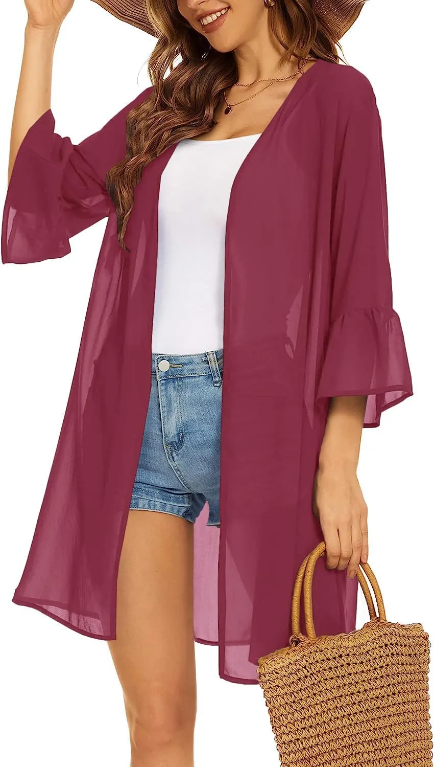 Indian Trendy Women's Solid Ruffle Sleeve Kimono Long Cardigan Loose Cover Up Casual Blouse Top Chiffon, Small-Medium