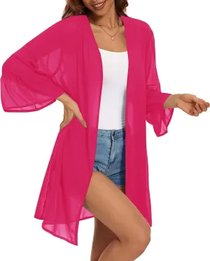 Indian Trendy Women's Solid Ruffle Sleeve Kimono Long Cardigan Loose Cover Up Casual Blouse Top Chiffon, Small-Medium