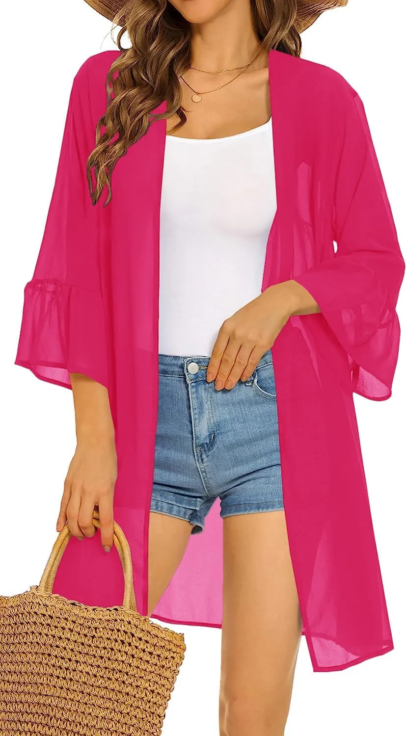 Indian Trendy Women's Solid Ruffle Sleeve Kimono Long Cardigan Loose Cover Up Casual Blouse Top Chiffon, Small-Medium