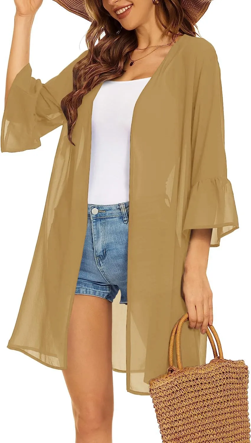 Indian Trendy Women's Solid Ruffle Sleeve Kimono Long Cardigan Loose Cover Up Casual Blouse Top Chiffon, Small-Medium