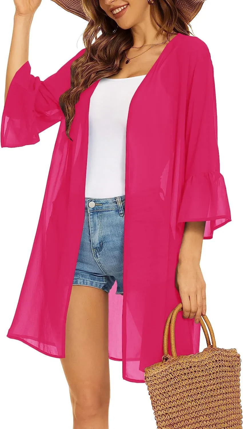 Indian Trendy Women's Solid Ruffle Sleeve Kimono Long Cardigan Loose Cover Up Casual Blouse Top Chiffon, Small-Medium