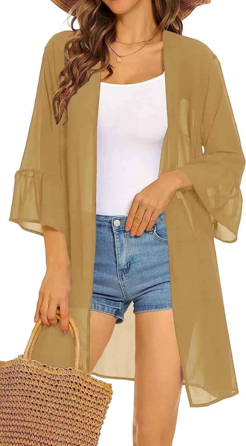 Indian Trendy Women's Solid Ruffle Sleeve Kimono Long Cardigan Loose Cover Up Casual Blouse Top Chiffon, Small-Medium