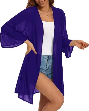 Indian Trendy Women's Solid Ruffle Sleeve Kimono Long Cardigan Loose Cover Up Casual Blouse Top Chiffon, Small-Medium