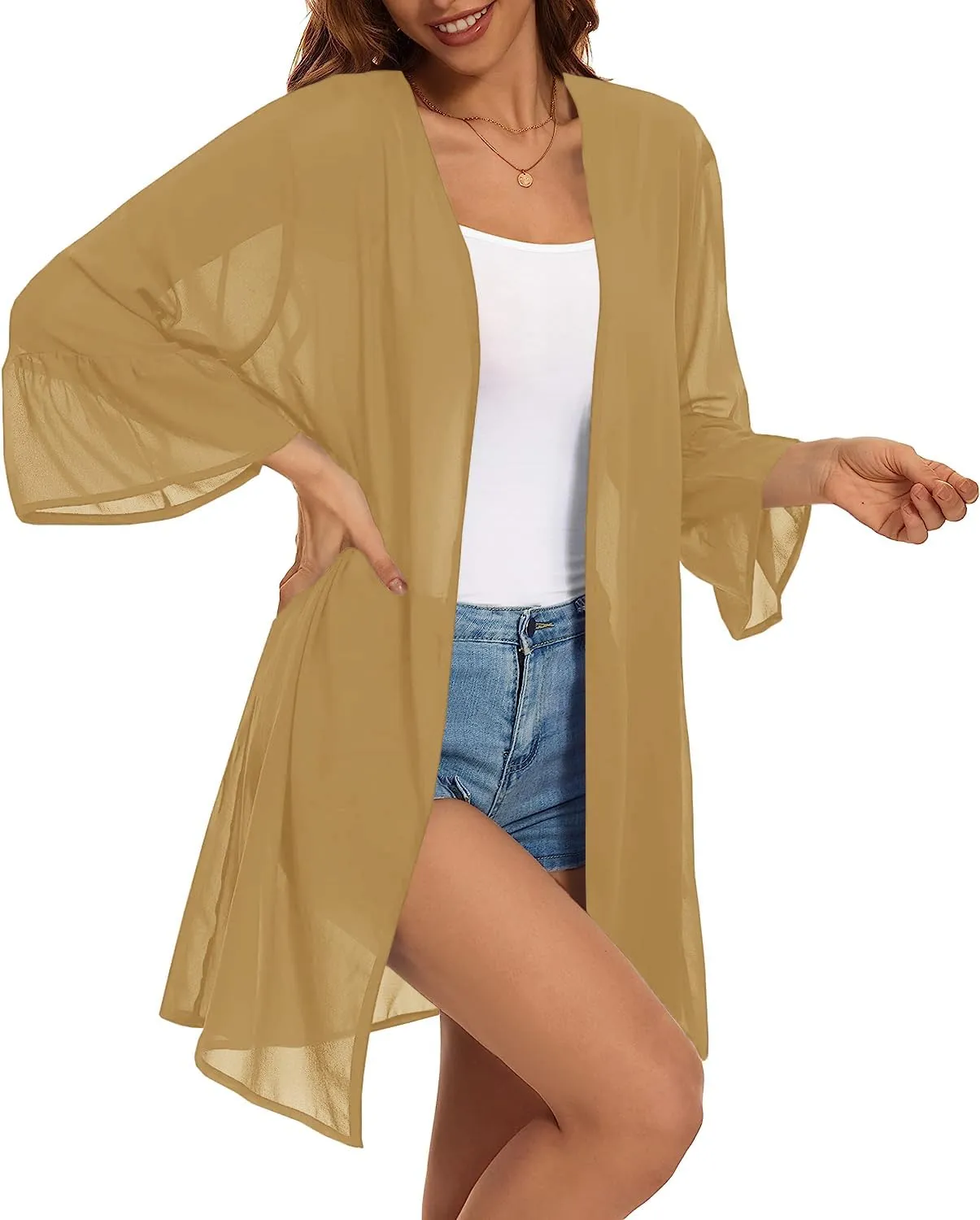 Indian Trendy Women's Solid Ruffle Sleeve Kimono Long Cardigan Loose Cover Up Casual Blouse Top Chiffon, Small-Medium