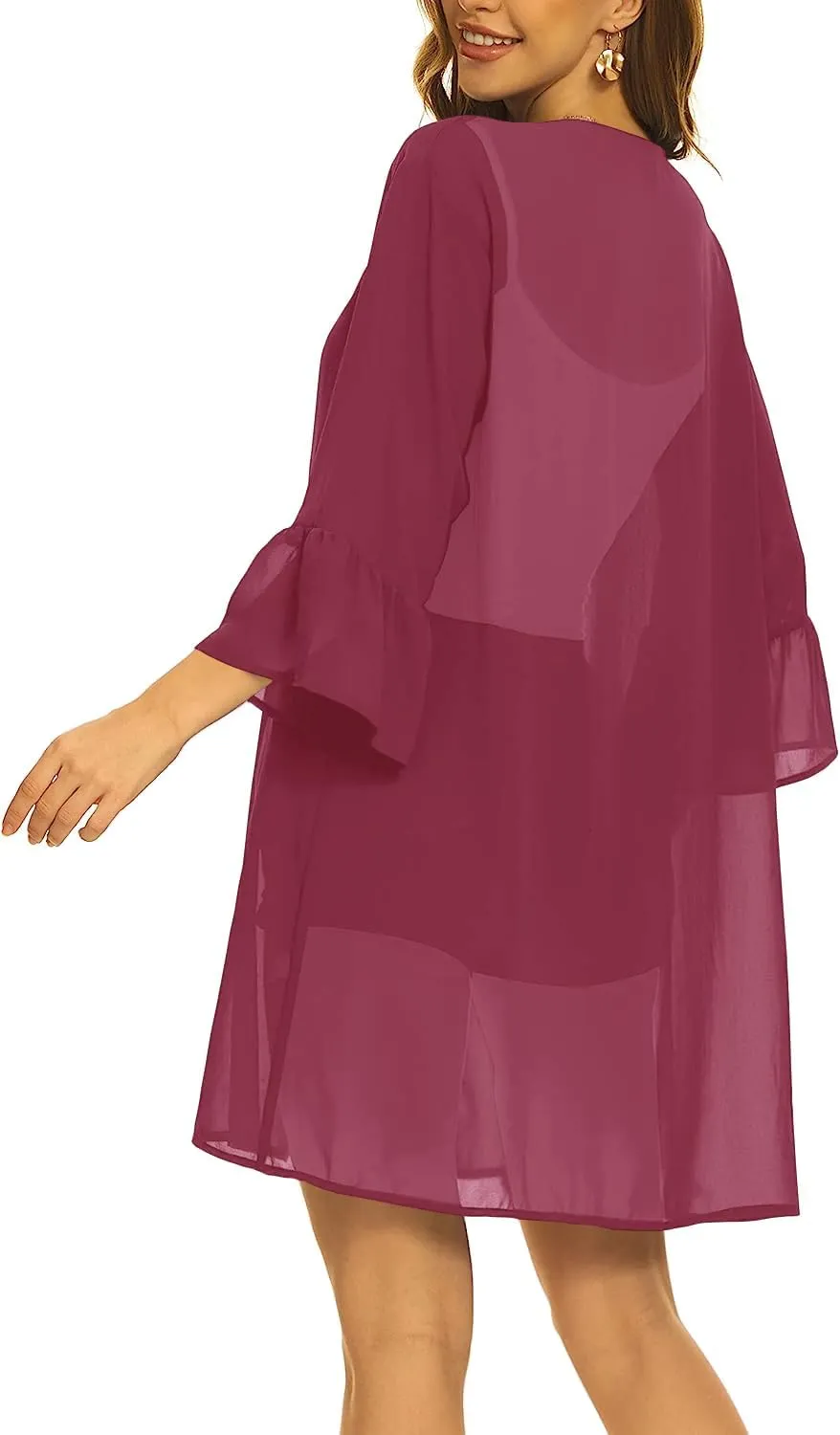 Indian Trendy Women's Solid Ruffle Sleeve Kimono Long Cardigan Loose Cover Up Casual Blouse Top Chiffon, Small-Medium