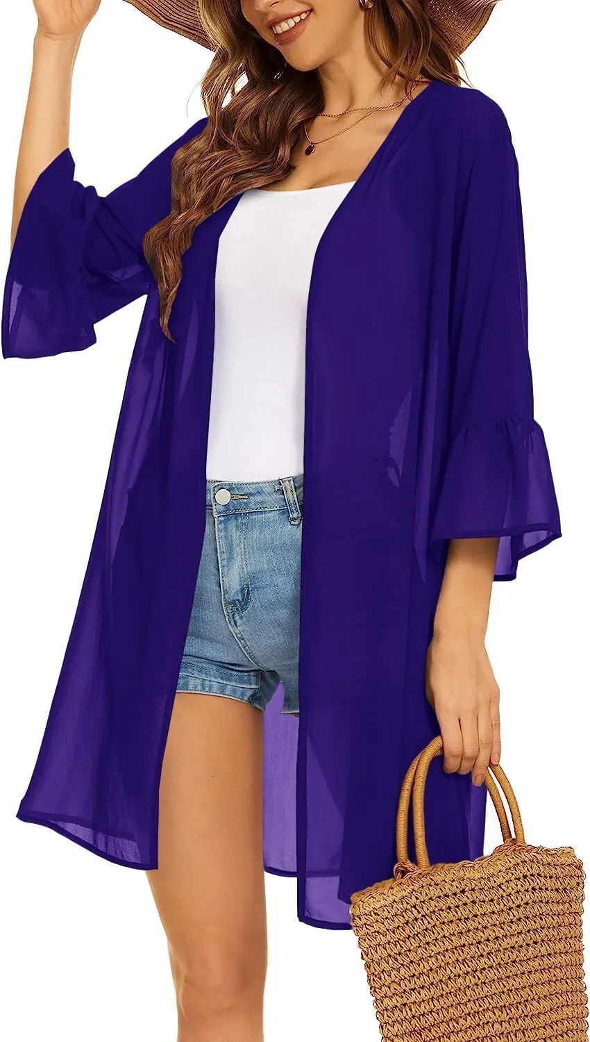 Indian Trendy Women's Solid Ruffle Sleeve Kimono Long Cardigan Loose Cover Up Casual Blouse Top Chiffon, Small-Medium