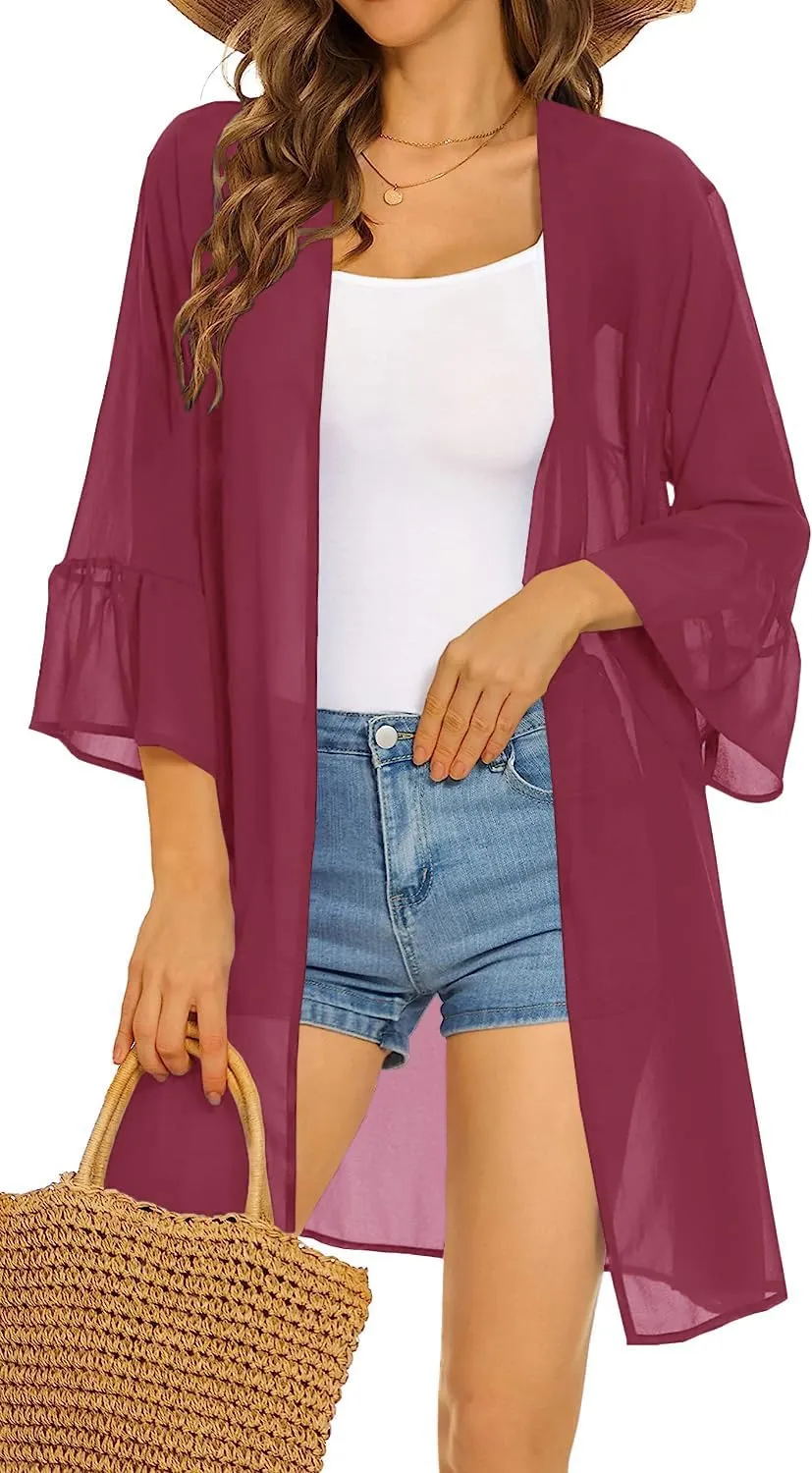 Indian Trendy Women's Solid Ruffle Sleeve Kimono Long Cardigan Loose Cover Up Casual Blouse Top Chiffon, Small-Medium