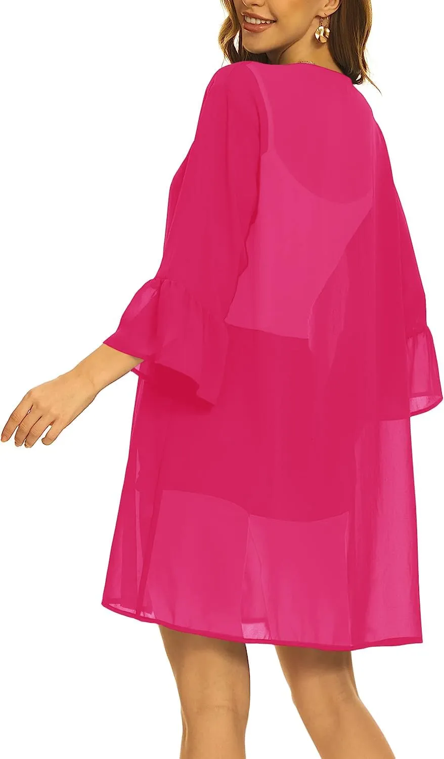 Indian Trendy Women's Solid Ruffle Sleeve Kimono Long Cardigan Loose Cover Up Casual Blouse Top Chiffon, Small-Medium