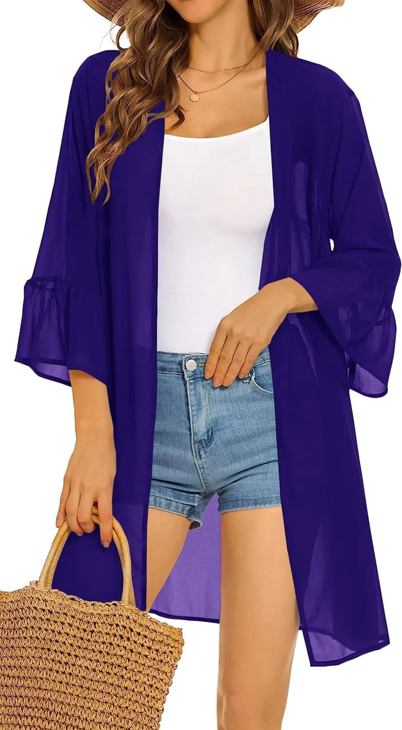 Indian Trendy Women's Solid Ruffle Sleeve Kimono Long Cardigan Loose Cover Up Casual Blouse Top Chiffon, Small-Medium