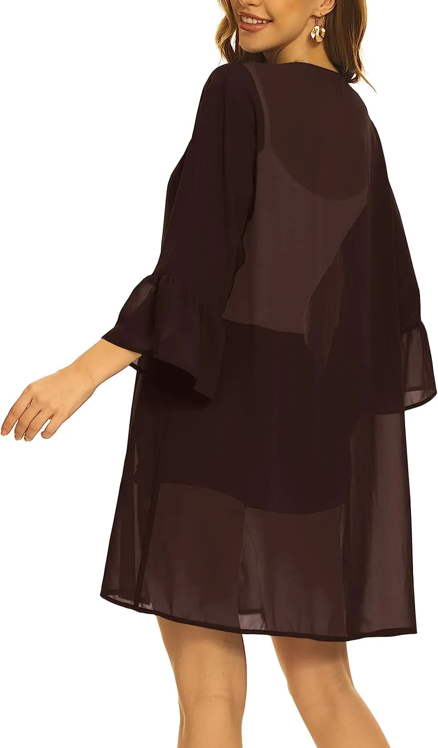 Indian Trendy Women's Solid Ruffle Sleeve Kimono Long Cardigan Loose Cover Up Casual Blouse Top Chiffon, Small-Medium