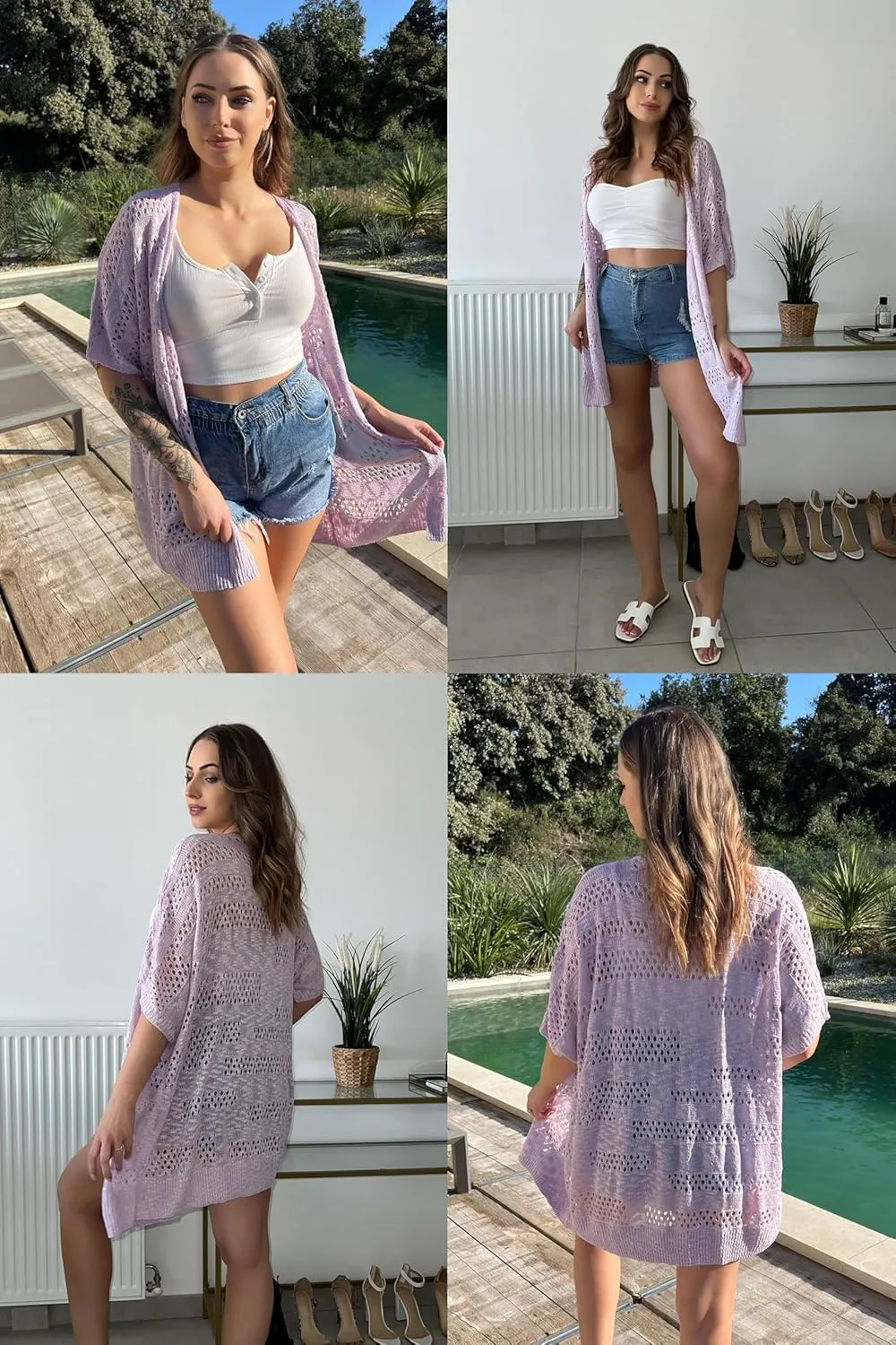 IN'VOLAND Plus Size Lightweight Crochet Cardigan for Women Short Sleeve Summer Kimonos Boho Open Front Knitted Cardigans