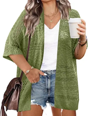 IN'VOLAND Plus Size Lightweight Crochet Cardigan for Women Short Sleeve Summer Kimonos Boho Open Front Knitted Cardigans