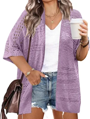IN'VOLAND Plus Size Lightweight Crochet Cardigan for Women Short Sleeve Summer Kimonos Boho Open Front Knitted Cardigans