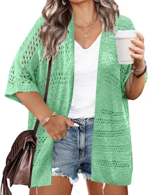 IN'VOLAND Plus Size Lightweight Crochet Cardigan for Women Short Sleeve Summer Kimonos Boho Open Front Knitted Cardigans