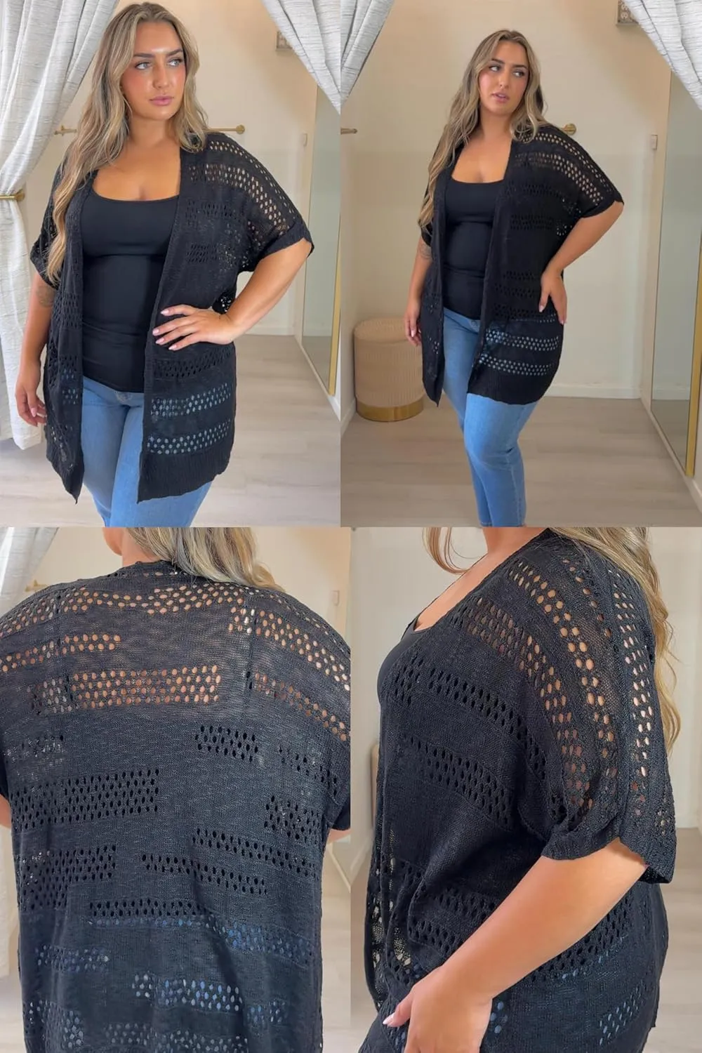 IN'VOLAND Plus Size Lightweight Crochet Cardigan for Women Short Sleeve Summer Kimonos Boho Open Front Knitted Cardigans