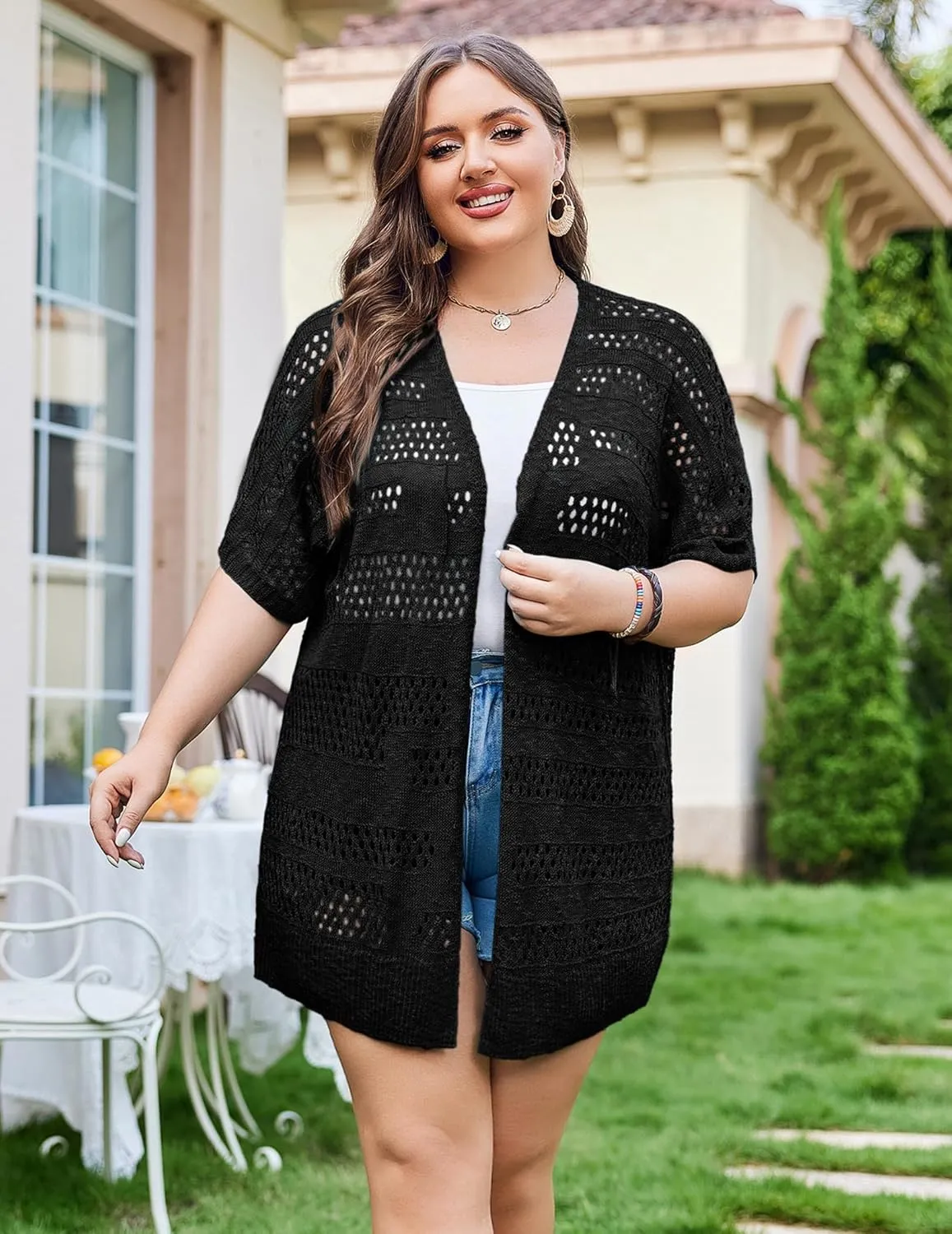 IN'VOLAND Plus Size Lightweight Crochet Cardigan for Women Short Sleeve Summer Kimonos Boho Open Front Knitted Cardigans
