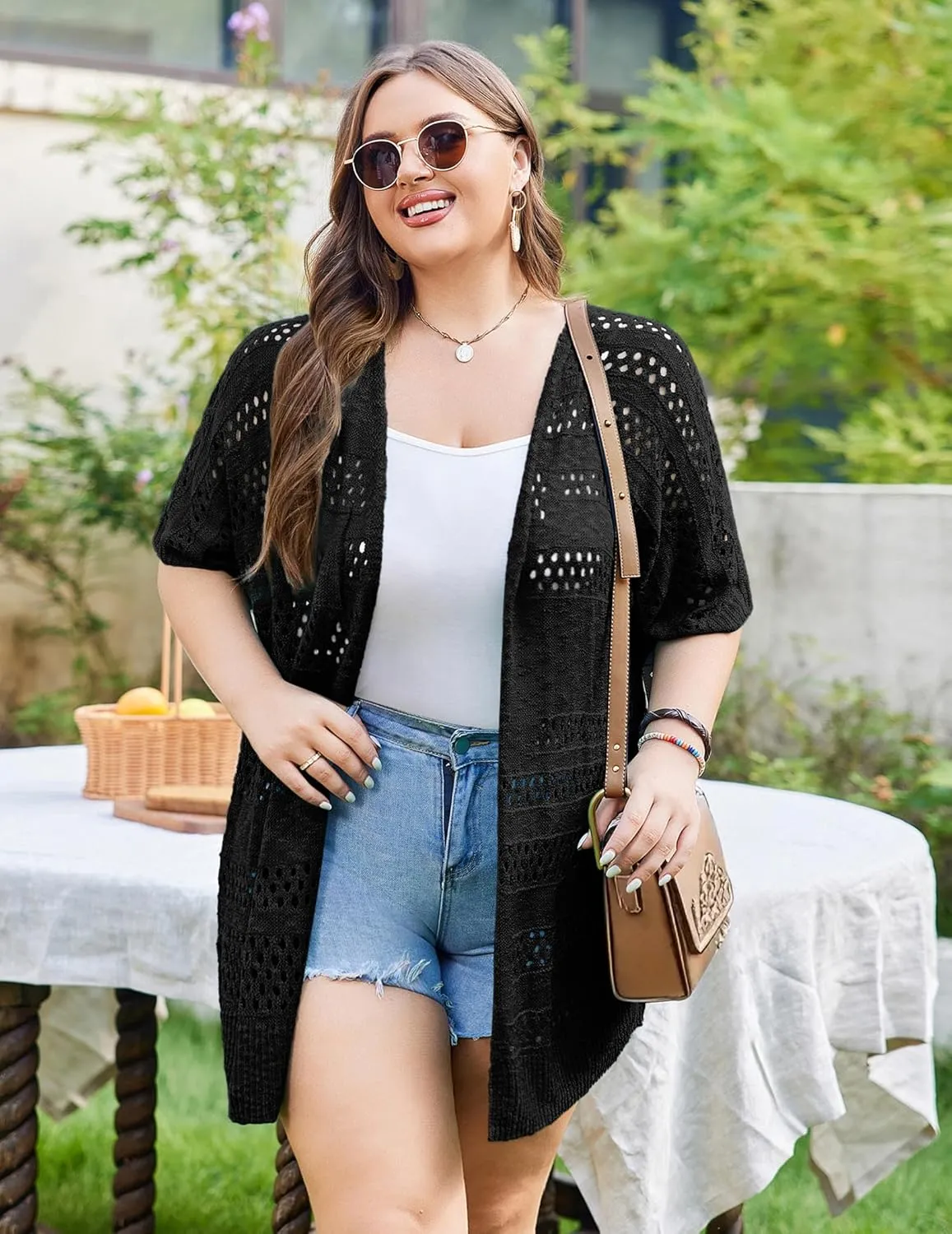 IN'VOLAND Plus Size Lightweight Crochet Cardigan for Women Short Sleeve Summer Kimonos Boho Open Front Knitted Cardigans