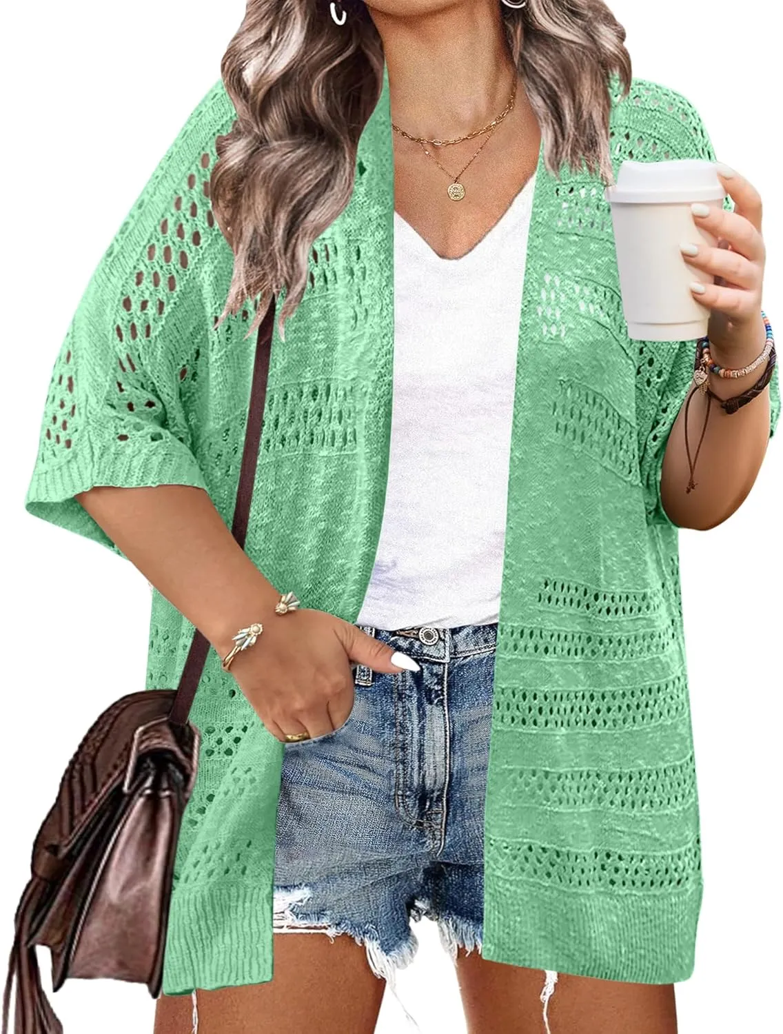 IN'VOLAND Plus Size Lightweight Crochet Cardigan for Women Short Sleeve Summer Kimonos Boho Open Front Knitted Cardigans