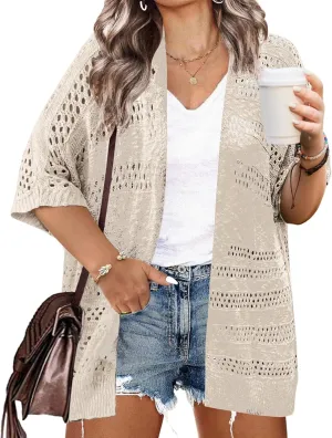 IN'VOLAND Plus Size Lightweight Crochet Cardigan for Women Short Sleeve Summer Kimonos Boho Open Front Knitted Cardigans