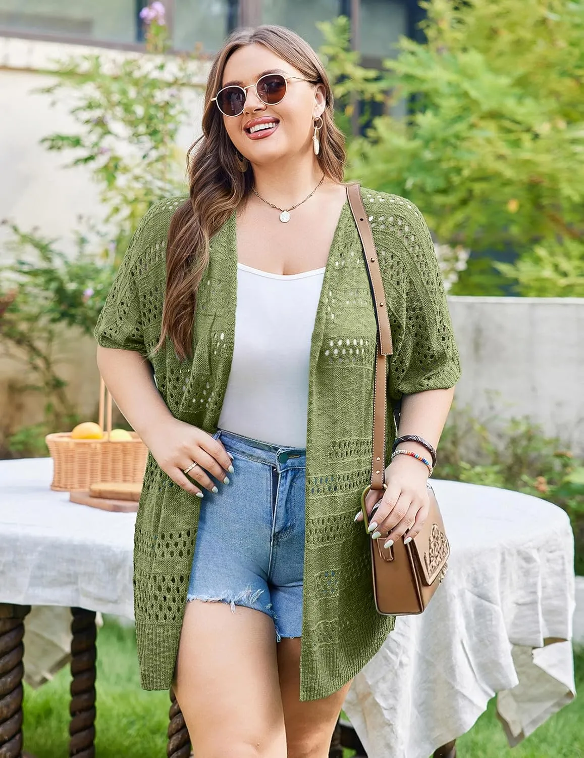 IN'VOLAND Plus Size Lightweight Crochet Cardigan for Women Short Sleeve Summer Kimonos Boho Open Front Knitted Cardigans