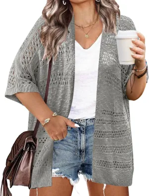 IN'VOLAND Plus Size Lightweight Crochet Cardigan for Women Short Sleeve Summer Kimonos Boho Open Front Knitted Cardigans