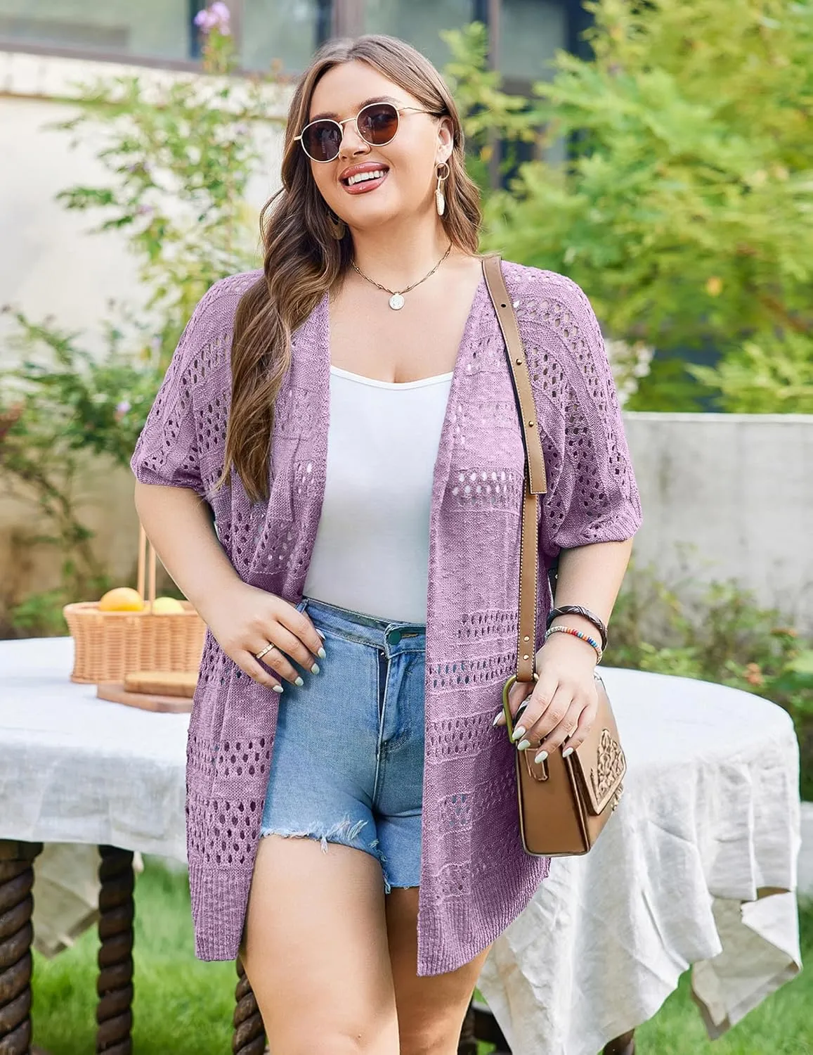 IN'VOLAND Plus Size Lightweight Crochet Cardigan for Women Short Sleeve Summer Kimonos Boho Open Front Knitted Cardigans