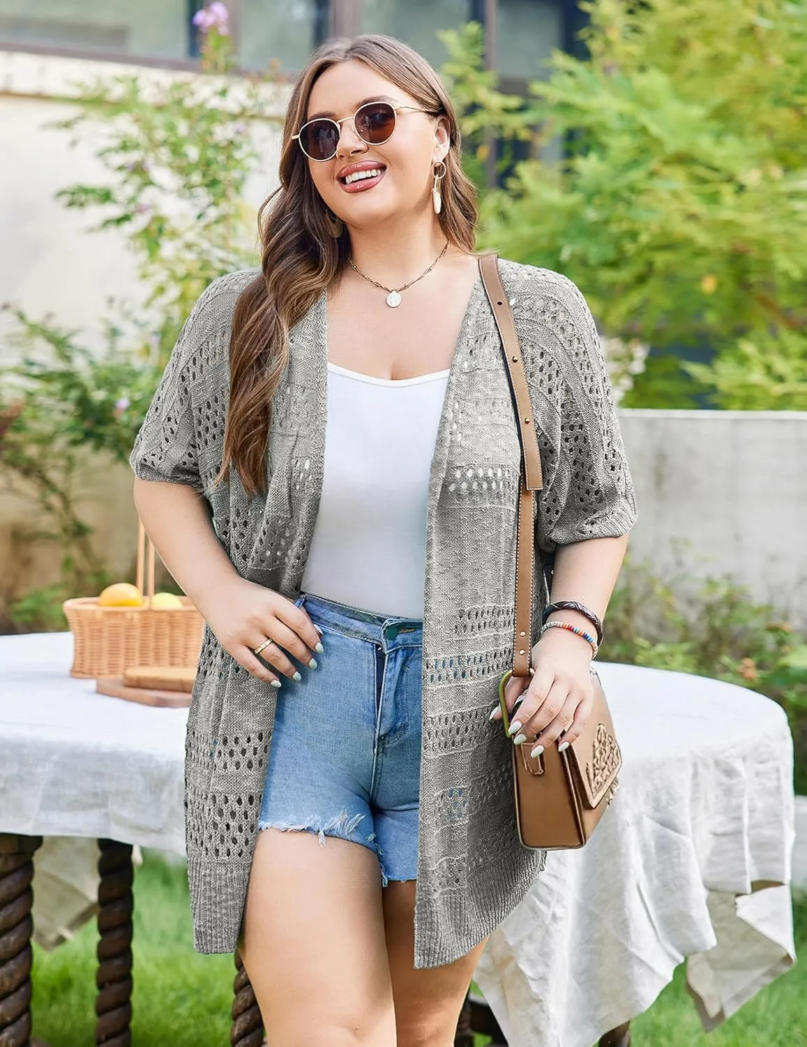 IN'VOLAND Plus Size Lightweight Crochet Cardigan for Women Short Sleeve Summer Kimonos Boho Open Front Knitted Cardigans