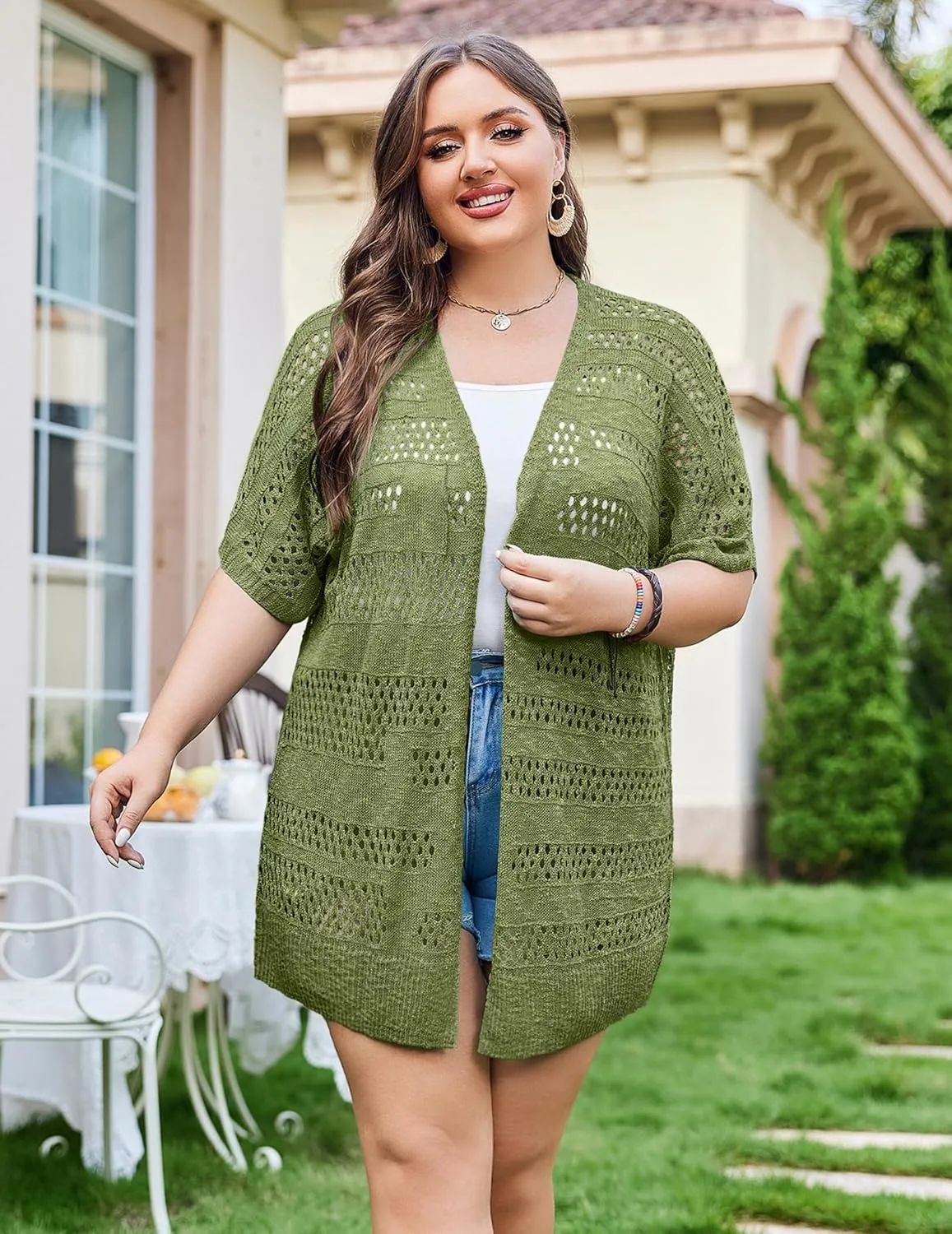IN'VOLAND Plus Size Lightweight Crochet Cardigan for Women Short Sleeve Summer Kimonos Boho Open Front Knitted Cardigans