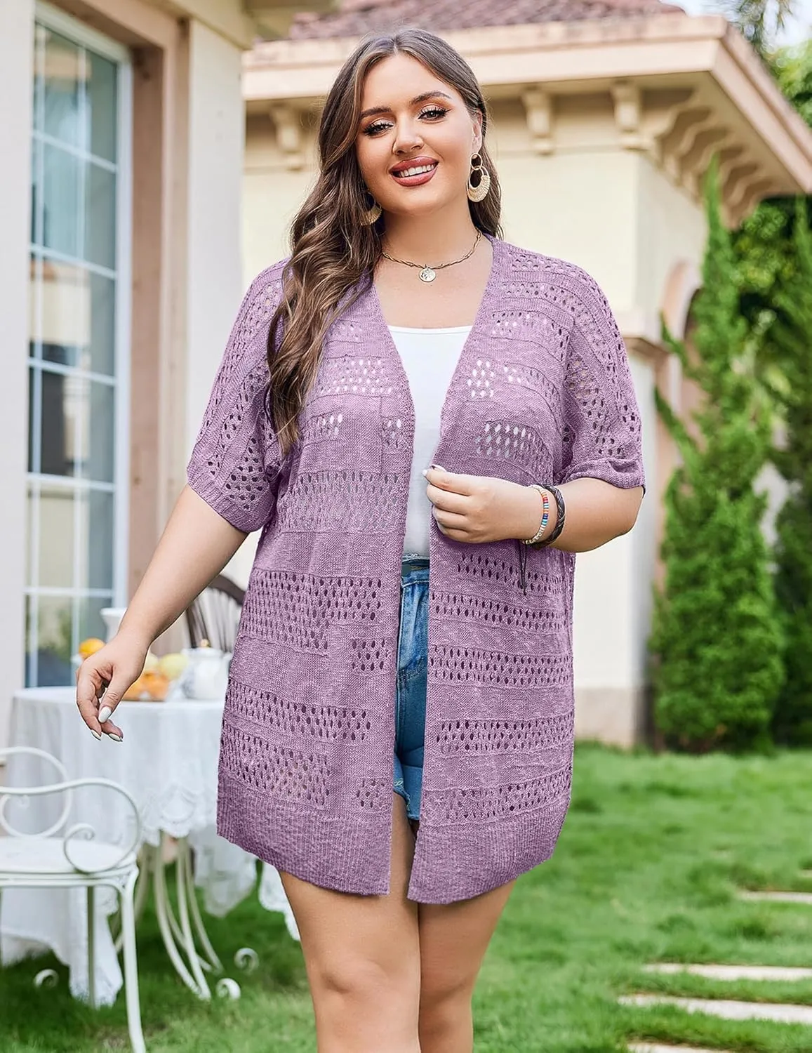 IN'VOLAND Plus Size Lightweight Crochet Cardigan for Women Short Sleeve Summer Kimonos Boho Open Front Knitted Cardigans