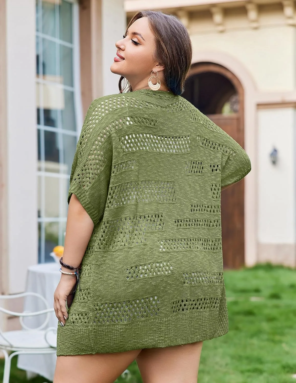 IN'VOLAND Plus Size Lightweight Crochet Cardigan for Women Short Sleeve Summer Kimonos Boho Open Front Knitted Cardigans