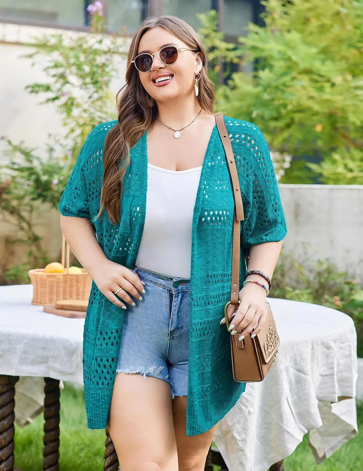 IN'VOLAND Plus Size Lightweight Crochet Cardigan for Women Short Sleeve Summer Kimonos Boho Open Front Knitted Cardigans