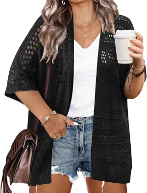 IN'VOLAND Plus Size Lightweight Crochet Cardigan for Women Short Sleeve Summer Kimonos Boho Open Front Knitted Cardigans