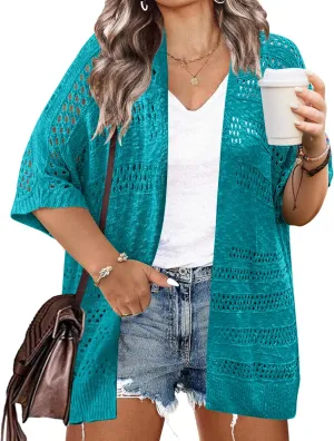 IN'VOLAND Plus Size Lightweight Crochet Cardigan for Women Short Sleeve Summer Kimonos Boho Open Front Knitted Cardigans