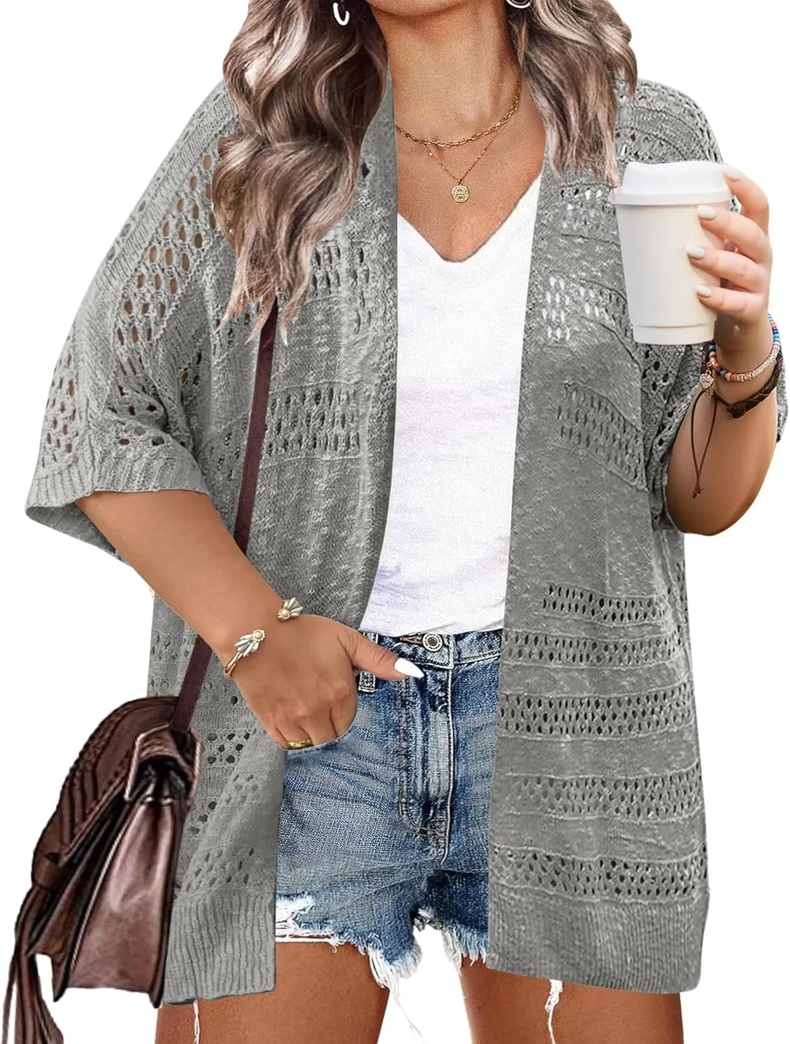 IN'VOLAND Plus Size Lightweight Crochet Cardigan for Women Short Sleeve Summer Kimonos Boho Open Front Knitted Cardigans
