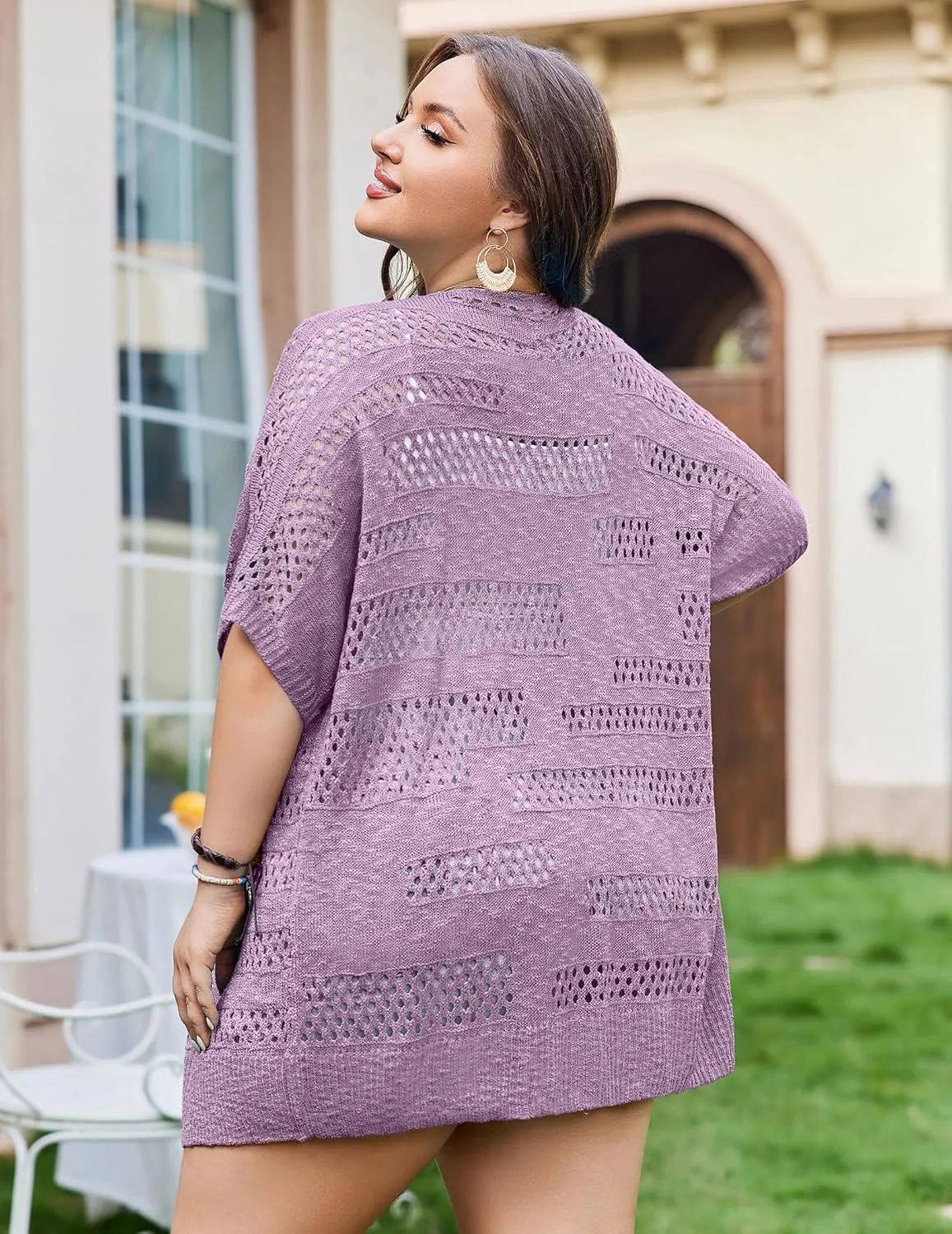IN'VOLAND Plus Size Lightweight Crochet Cardigan for Women Short Sleeve Summer Kimonos Boho Open Front Knitted Cardigans
