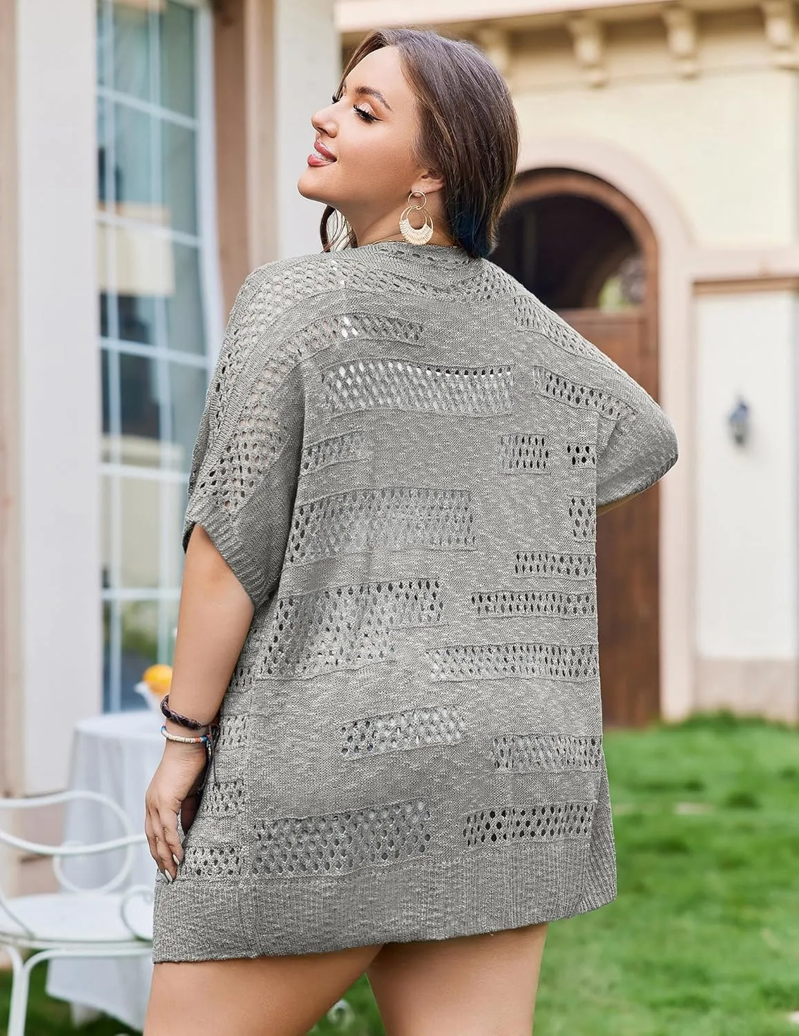IN'VOLAND Plus Size Lightweight Crochet Cardigan for Women Short Sleeve Summer Kimonos Boho Open Front Knitted Cardigans