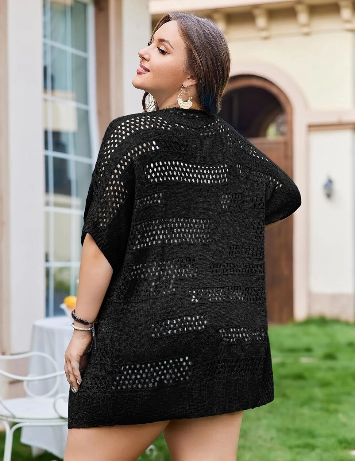 IN'VOLAND Plus Size Lightweight Crochet Cardigan for Women Short Sleeve Summer Kimonos Boho Open Front Knitted Cardigans