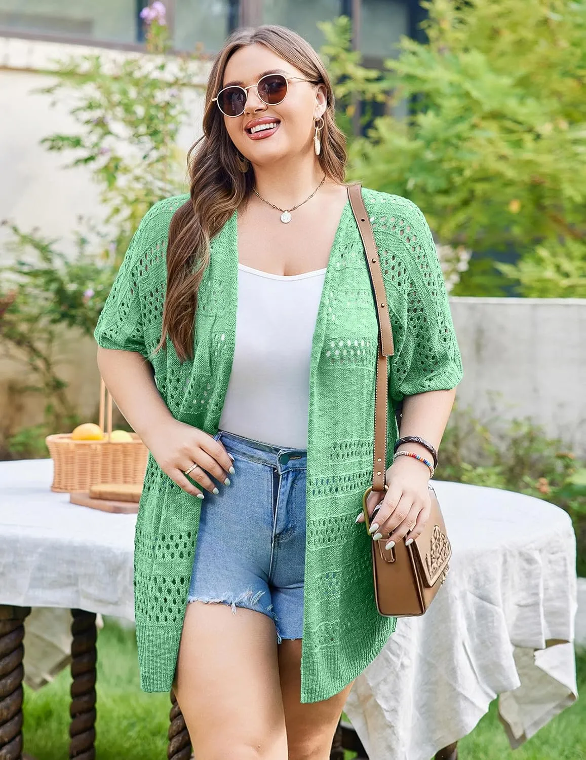 IN'VOLAND Plus Size Lightweight Crochet Cardigan for Women Short Sleeve Summer Kimonos Boho Open Front Knitted Cardigans