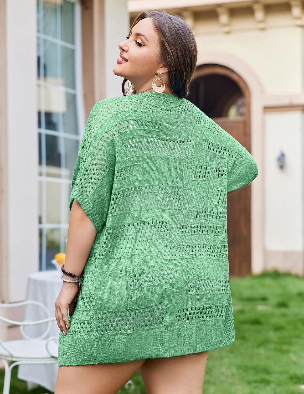 IN'VOLAND Plus Size Lightweight Crochet Cardigan for Women Short Sleeve Summer Kimonos Boho Open Front Knitted Cardigans