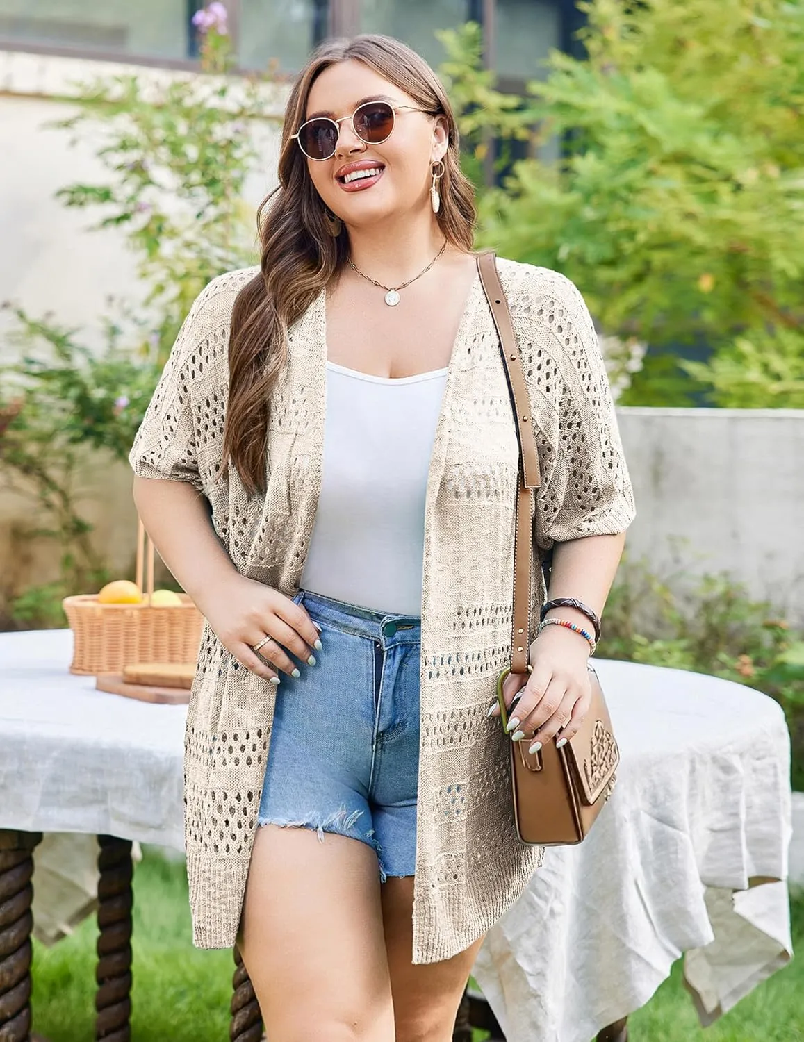 IN'VOLAND Plus Size Lightweight Crochet Cardigan for Women Short Sleeve Summer Kimonos Boho Open Front Knitted Cardigans