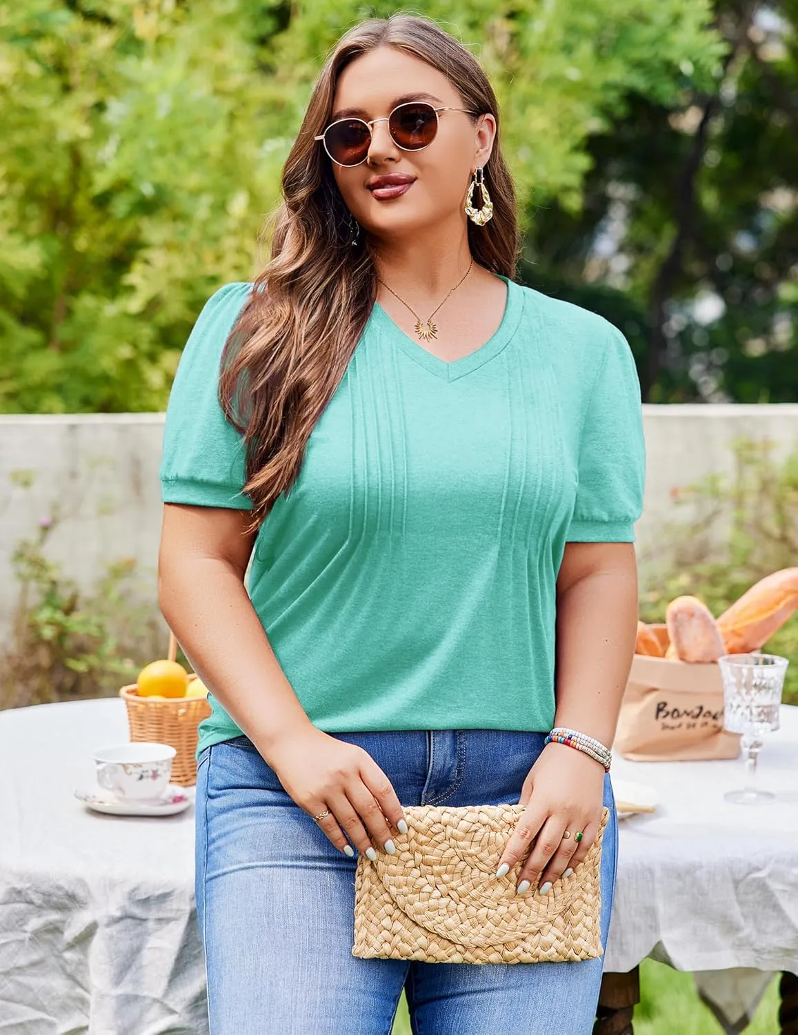 IN'VOLAND Plus Size Tops for Women Summer Puff Short Sleeve Tunic Pleated V Neck Shirts Casual Floral Solid Blouse