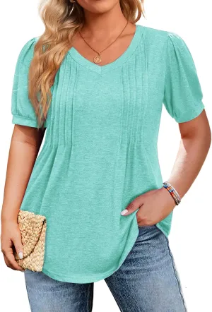 IN'VOLAND Plus Size Tops for Women Summer Puff Short Sleeve Tunic Pleated V Neck Shirts Casual Floral Solid Blouse