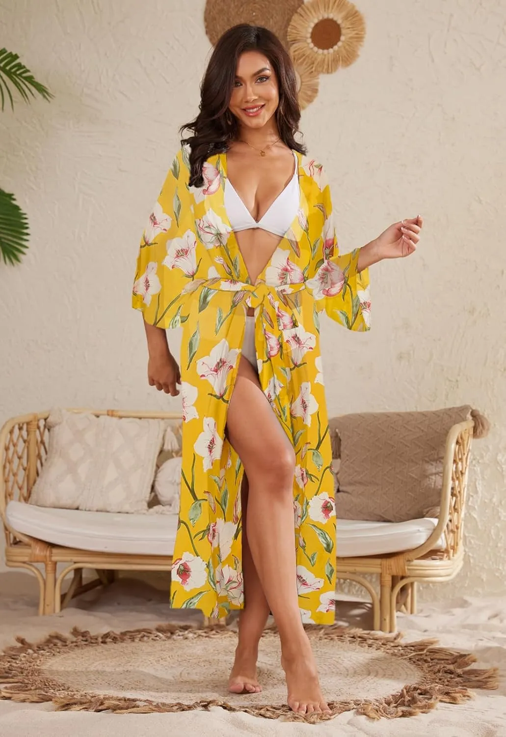 Jayscreate Women's Chiffon Kimono Cardigans Lightweight Batwing Summer Casual Long Boho Sheer Cardigan for Women Coverup Tops