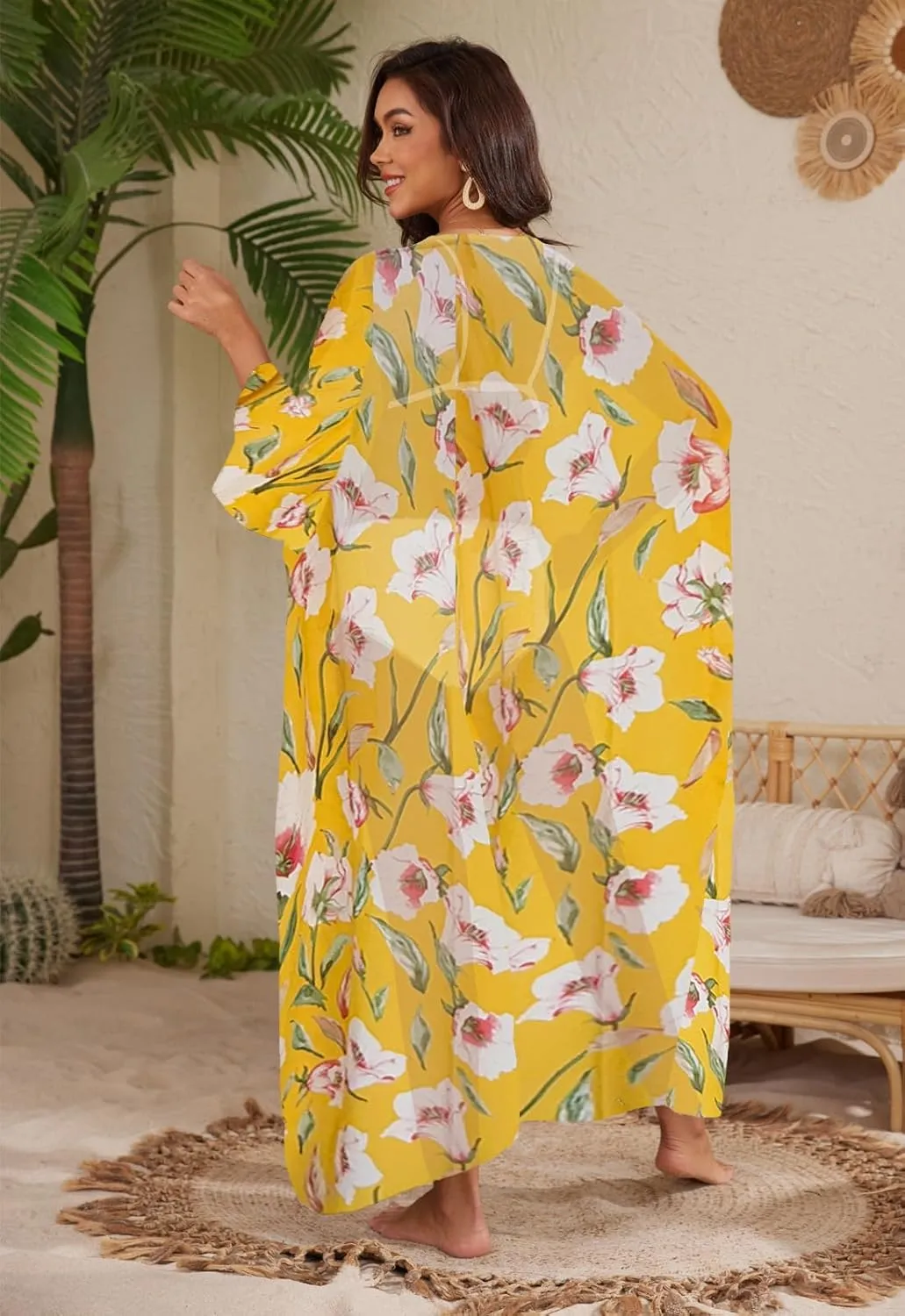 Jayscreate Women's Chiffon Kimono Cardigans Lightweight Batwing Summer Casual Long Boho Sheer Cardigan for Women Coverup Tops